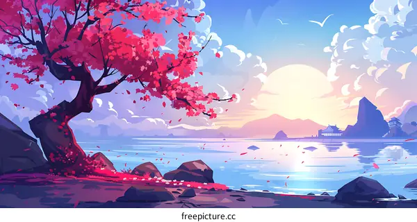 Pink Blossom Tree Landscape Illustration