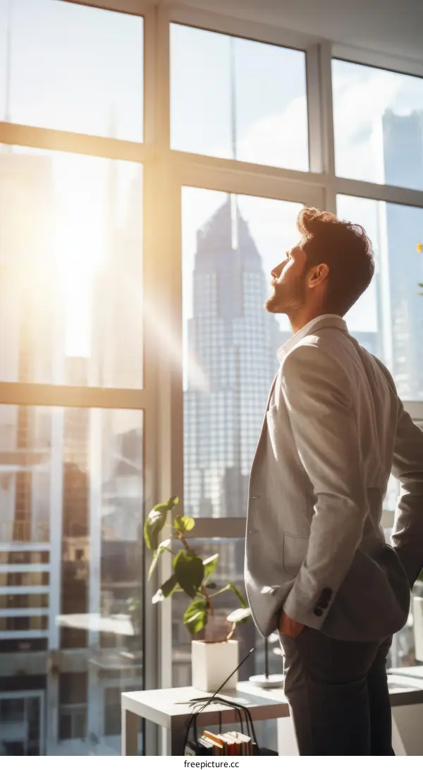 Businessman looking out the window at the cityscape