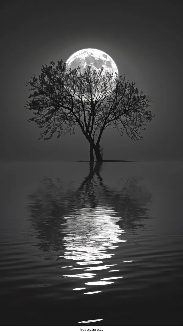 A tree stands in the middle of a body of water with a full moon rising behind it