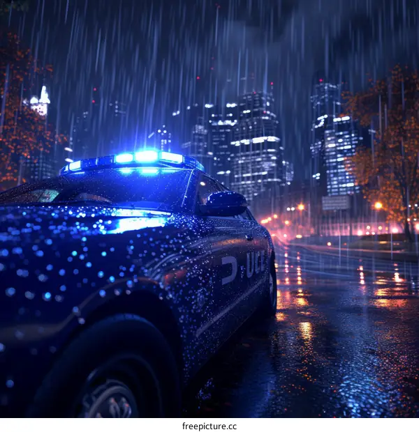 A police car drives through a rainy city street at night