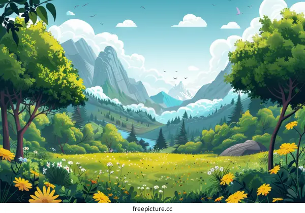 A beautiful landscape with mountains, trees, and flowers