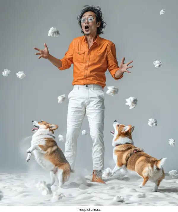 A man and two corgis are playing in the snow.