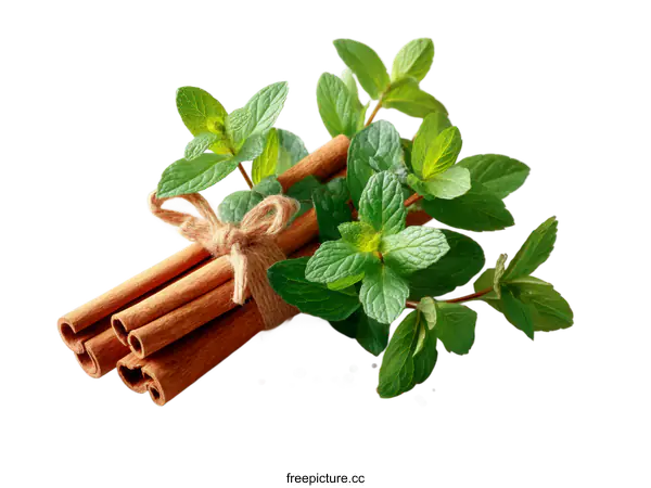 [Transparent Background PNG]Cinnamon and Mint Spices Close-up