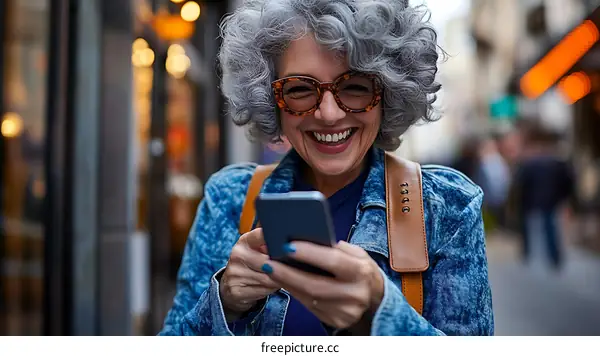 Smiling Woman Using Smartphone Outdoors