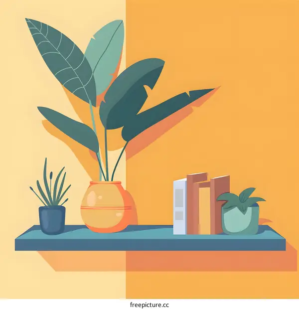 Simple Minimalist Illustration of a Shelf with Plants and Books