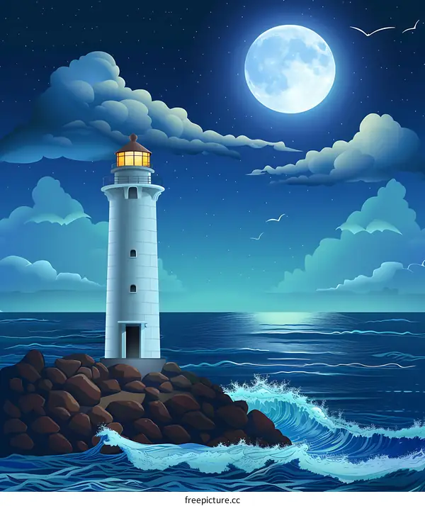 Lighthouse at Night with Full Moon and Ocean Waves