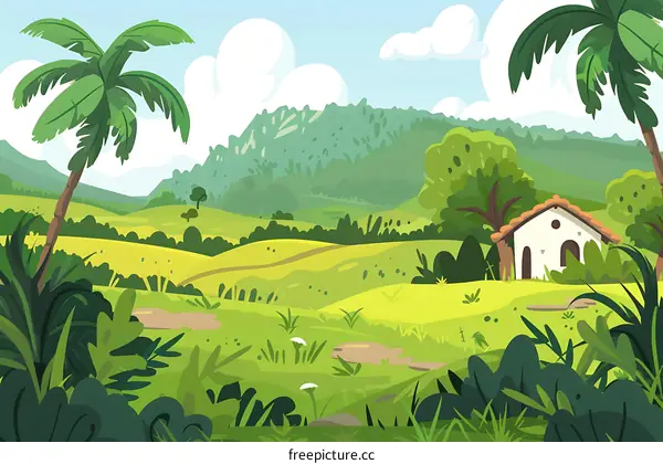 Green Hills Landscape With House And Palm Trees Illustration