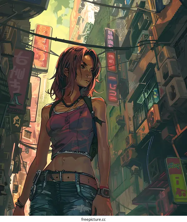 Woman Walking Through A Busy Asian City Street