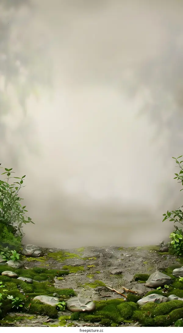 Misty Forest Path With Mossy Rocks