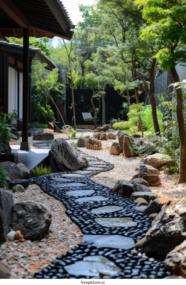 Zen Japanese Garden Design: Stone Path and Rockery