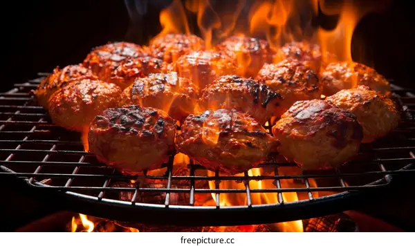 Grilled Sausages on a Flaming Grill