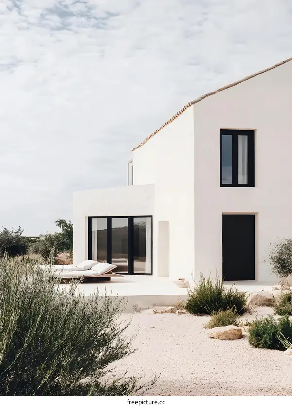 Minimalist White House With Black Windows and Patio