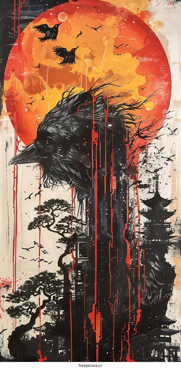 A dark crow flies in front of a red moon.