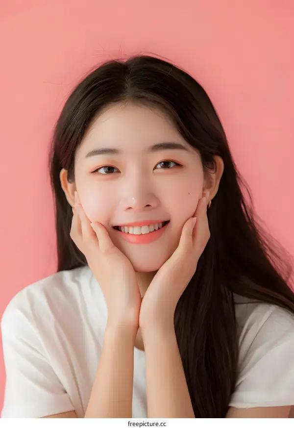 Portrait of Beautiful Smiling Asian Woman with Long Hair