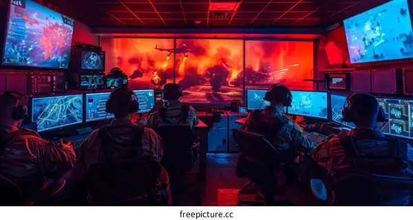 Military personnel monitoring a simulated battle in a war room.