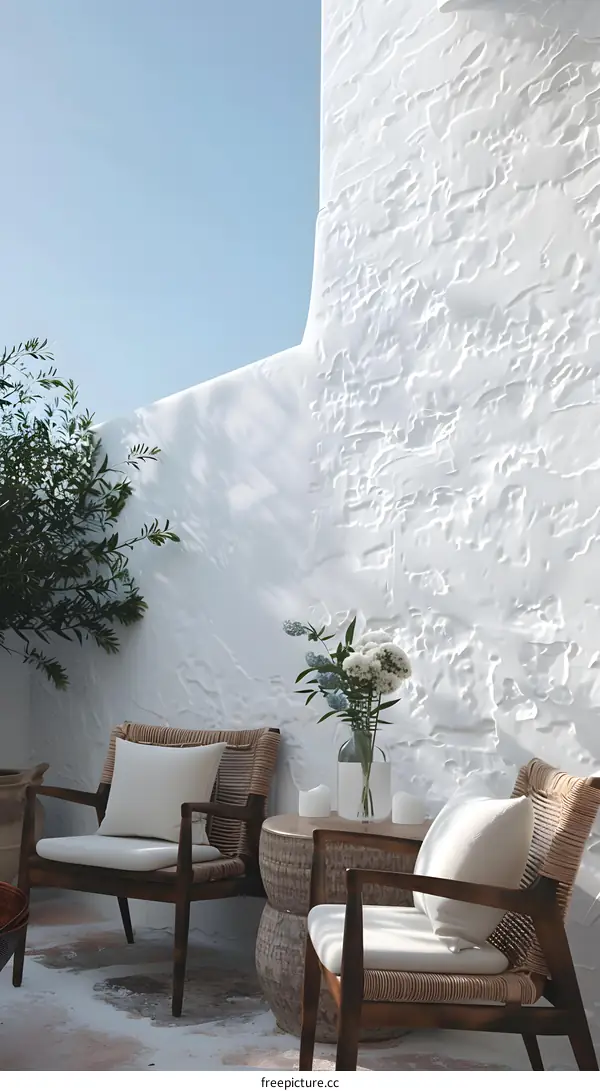 White Wall Patio with Rattan Chairs and Flower Arrangement