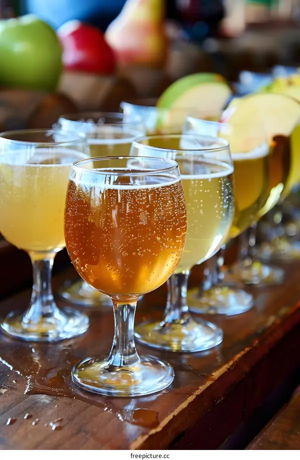 Close up of Glasses of Sparkling Apple Cider on a Wooden Table
