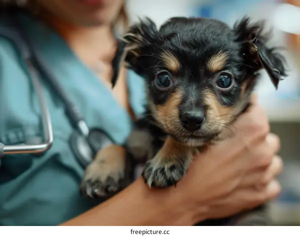 Close-up of a veterinarian examining a small dog