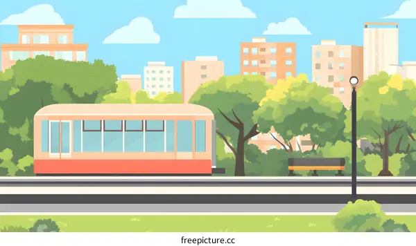 City Park with Tram and Bench