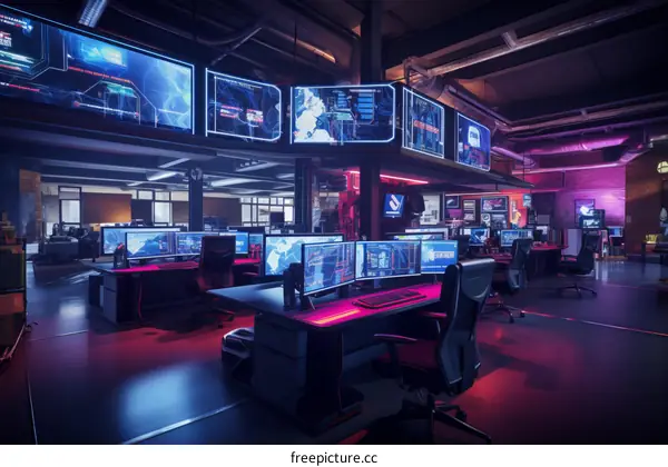 futuristic technology office interior design with empty computer workstations