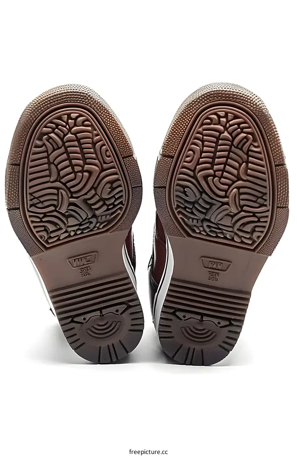 Pair of brown and white sneakers, bottom view