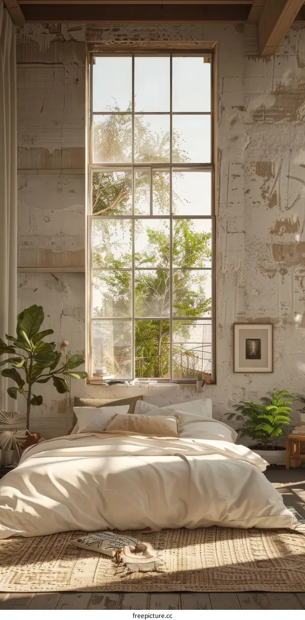 Rustic Beige Bedroom with Large Window