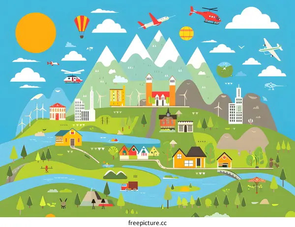 Green Mountains Cityscape Illustration