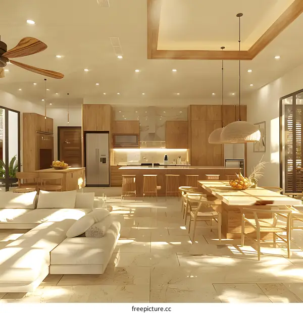 The interior of a modern house with a kitchen, dining room, and living room