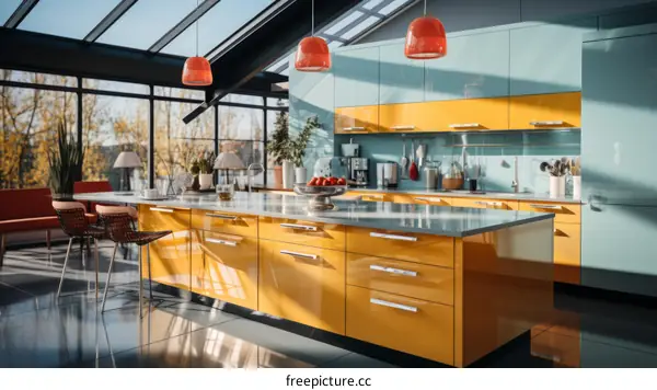 Modern Kitchen with Yellow Cabinets and Large Island