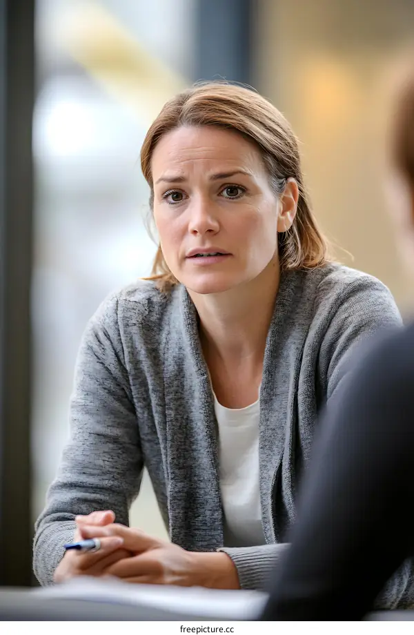 Woman In Grey Sweater Sitting Down Looking Concerned