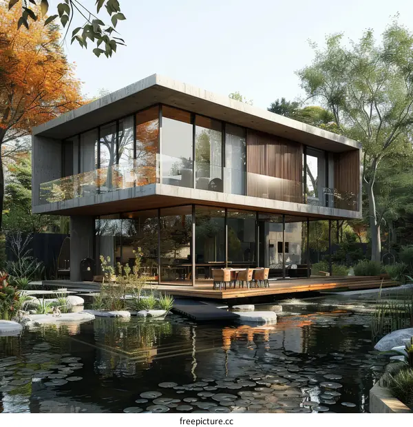 Modern House Exterior with Pond and Autumn Foliage
