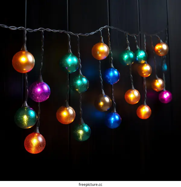Multicolored Christmas lights hanging on a dark wooden background