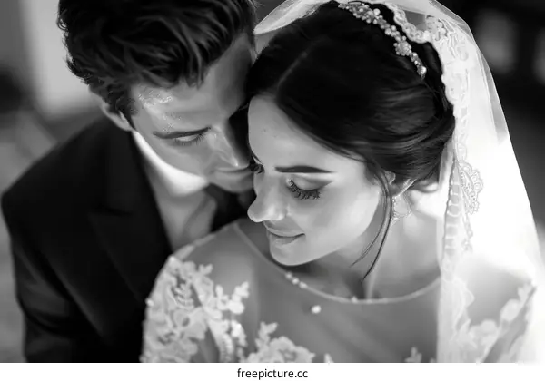 Black and white photo of a bride and groom