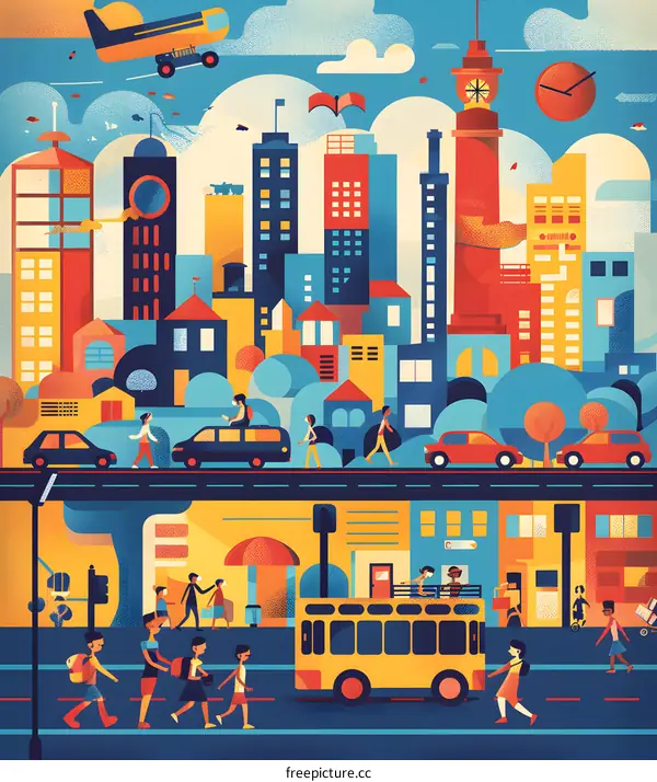 Colorful Cityscape Illustration with People Walking and Driving