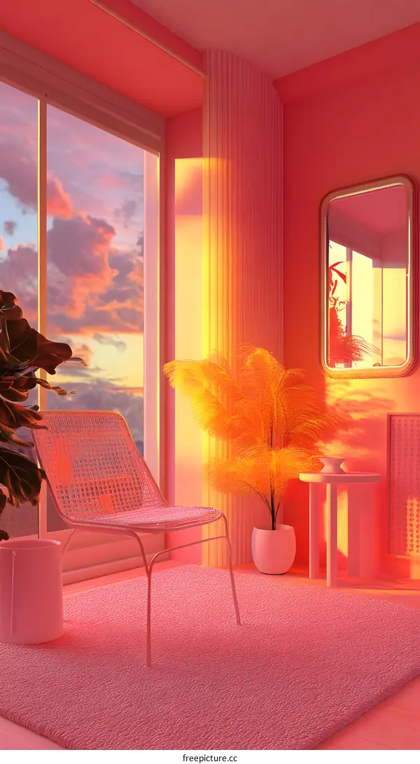 Pink Sunset Living Room With a  Chair and Plants