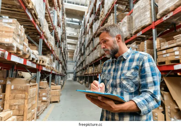 Warehouse Worker Checking Inventory in a Large Warehouse