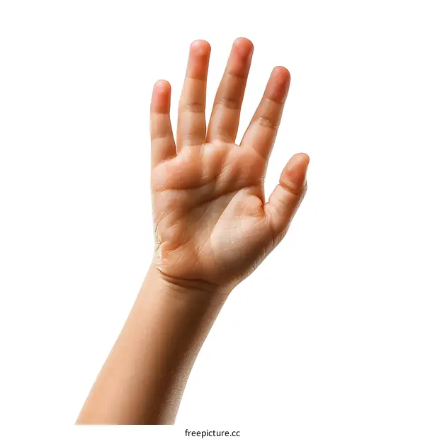 A Childs Hand Raised High Against a White Background
