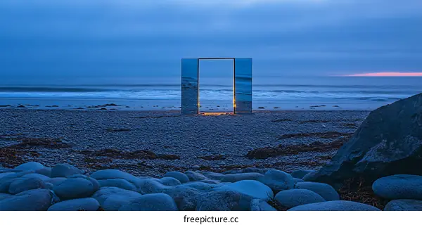 Reflective Structure on the Beach at Dusk