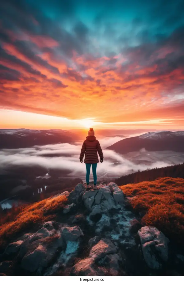 Woman standing on a mountaintop overlooking a valley at sunset