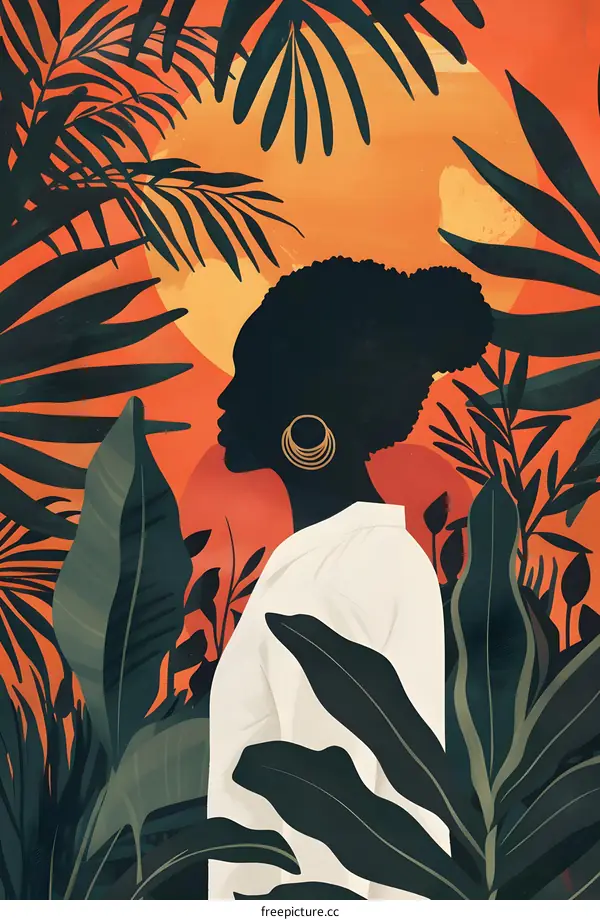 Black Woman with Tropical Leaves and Sunset