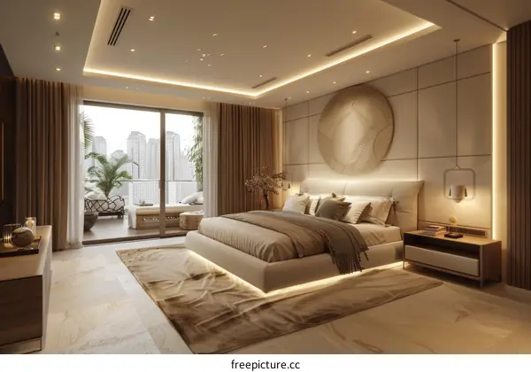 Cozy Modern Bedroom Decorated in Warm Lighting