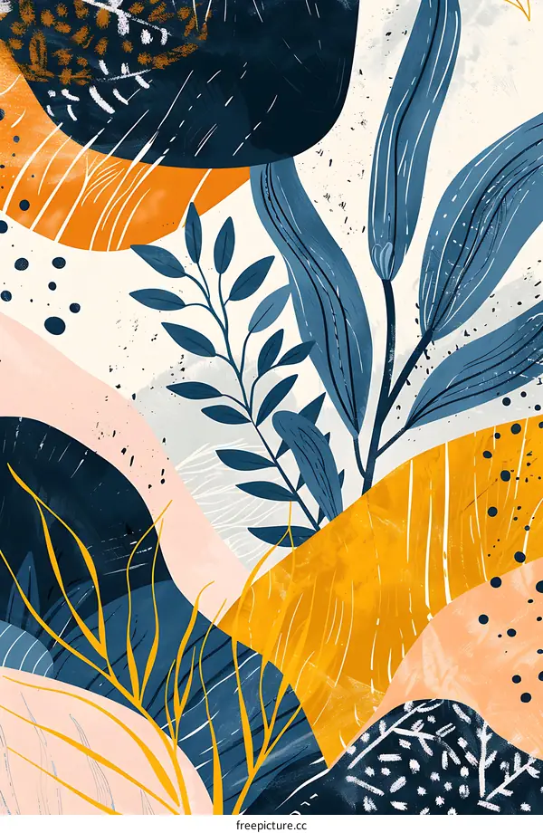 Abstract Blue And Yellow Watercolor Floral Illustration