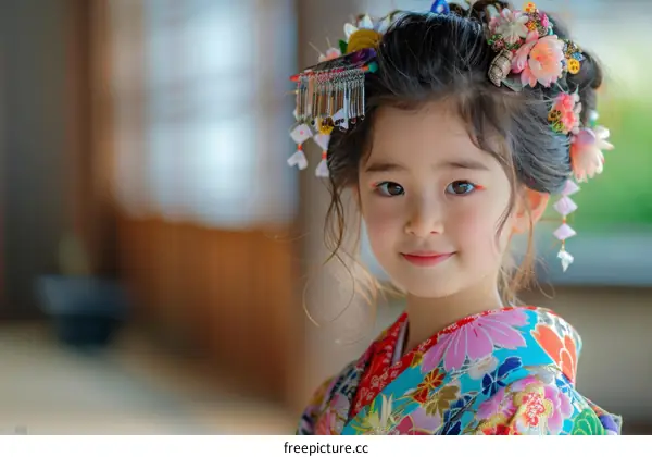 A cute Japanese girl wearing a kimono
