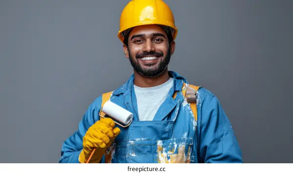 Smiling Asian Construction Worker with Paint Roller