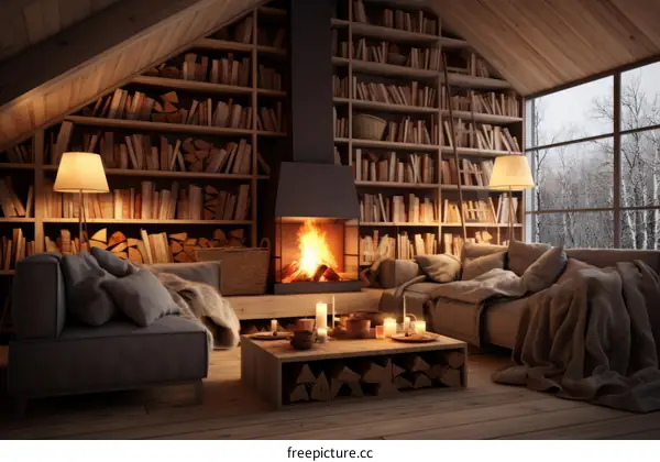 Cozy living room with fireplace and bookshelves