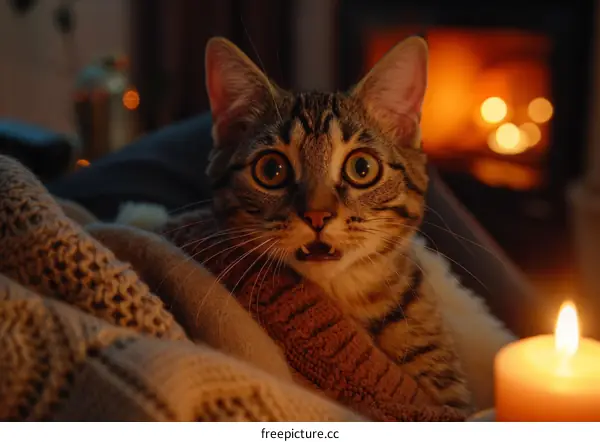 A cat is sitting on a blanket in front of a fireplace