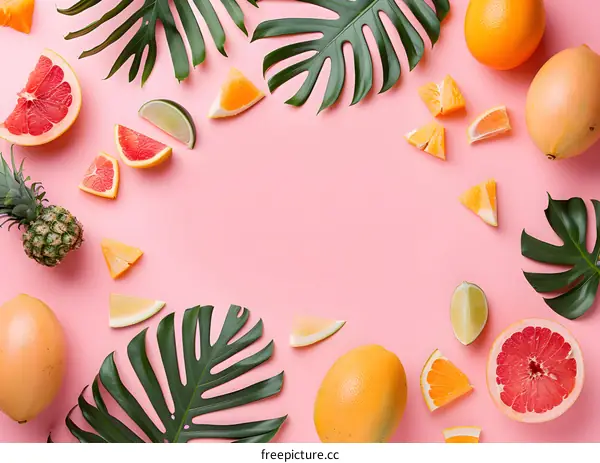 Tropical Fruits and Leaves on Pink Background