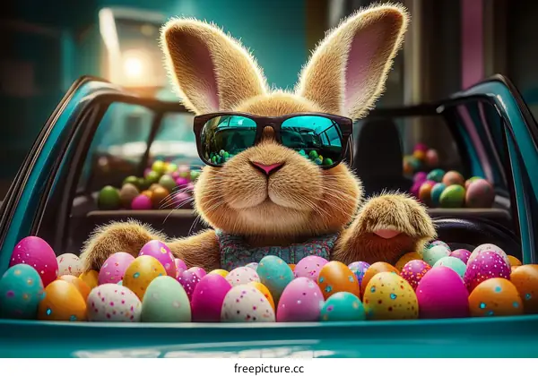 Easter Bunny Driving Car with Eggs