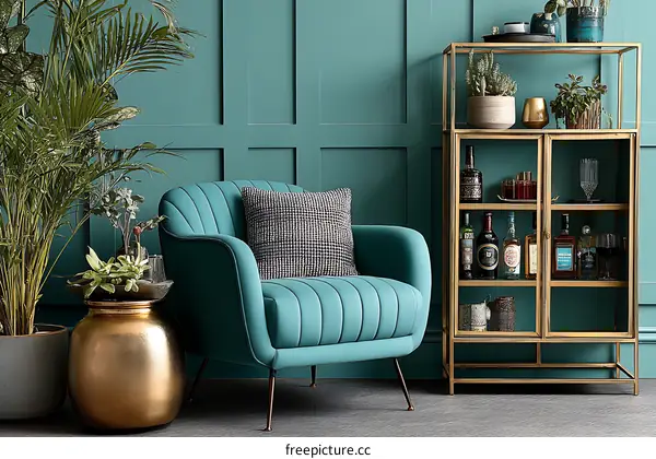 Teal Living Room with Gold Display Cabinet