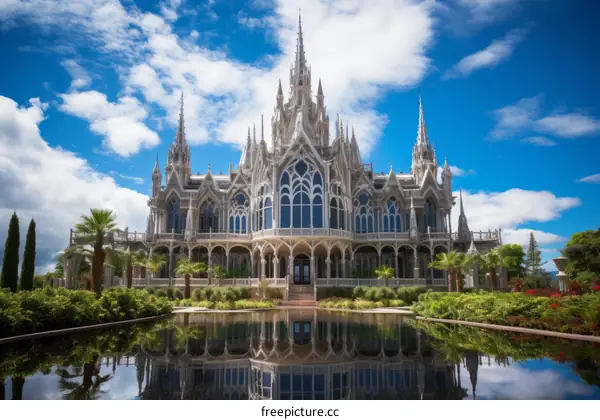 Ornate White Gothic Mansion Reflected in Pond